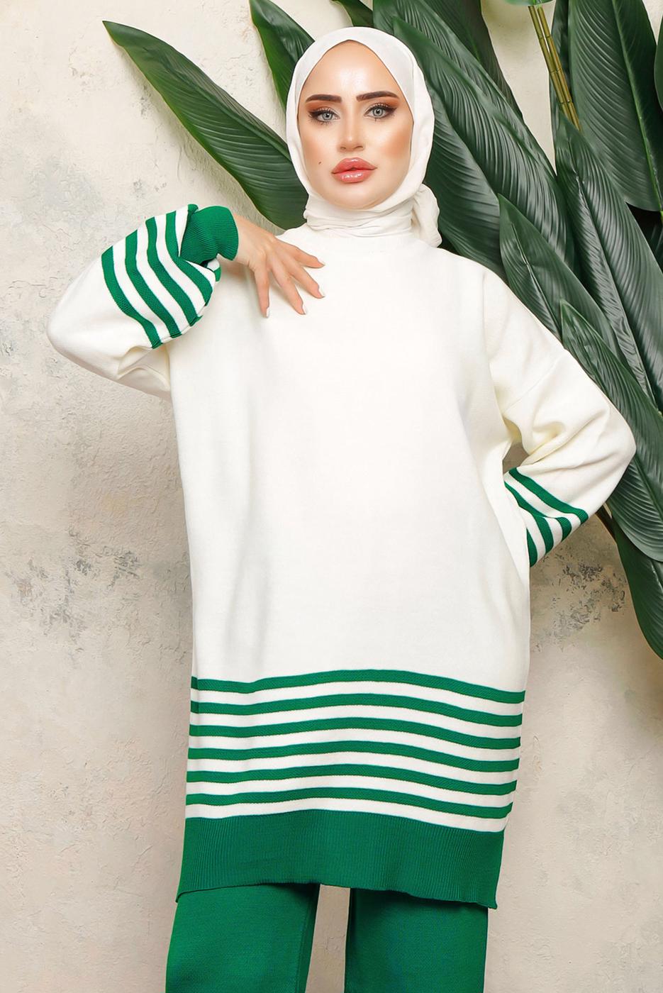 Tesettür giyim YEŞİL DİK YAKA ÇİZGİLİ TUNİK T 6308-1