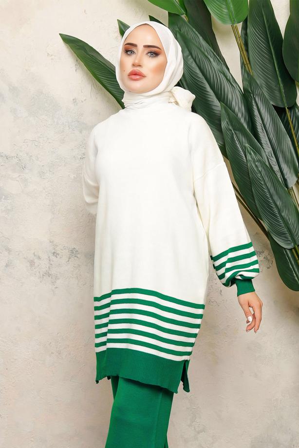 Tesettür giyim YEŞİL DİK YAKA ÇİZGİLİ TUNİK T 6308-1 - TRENDTESETTÜR