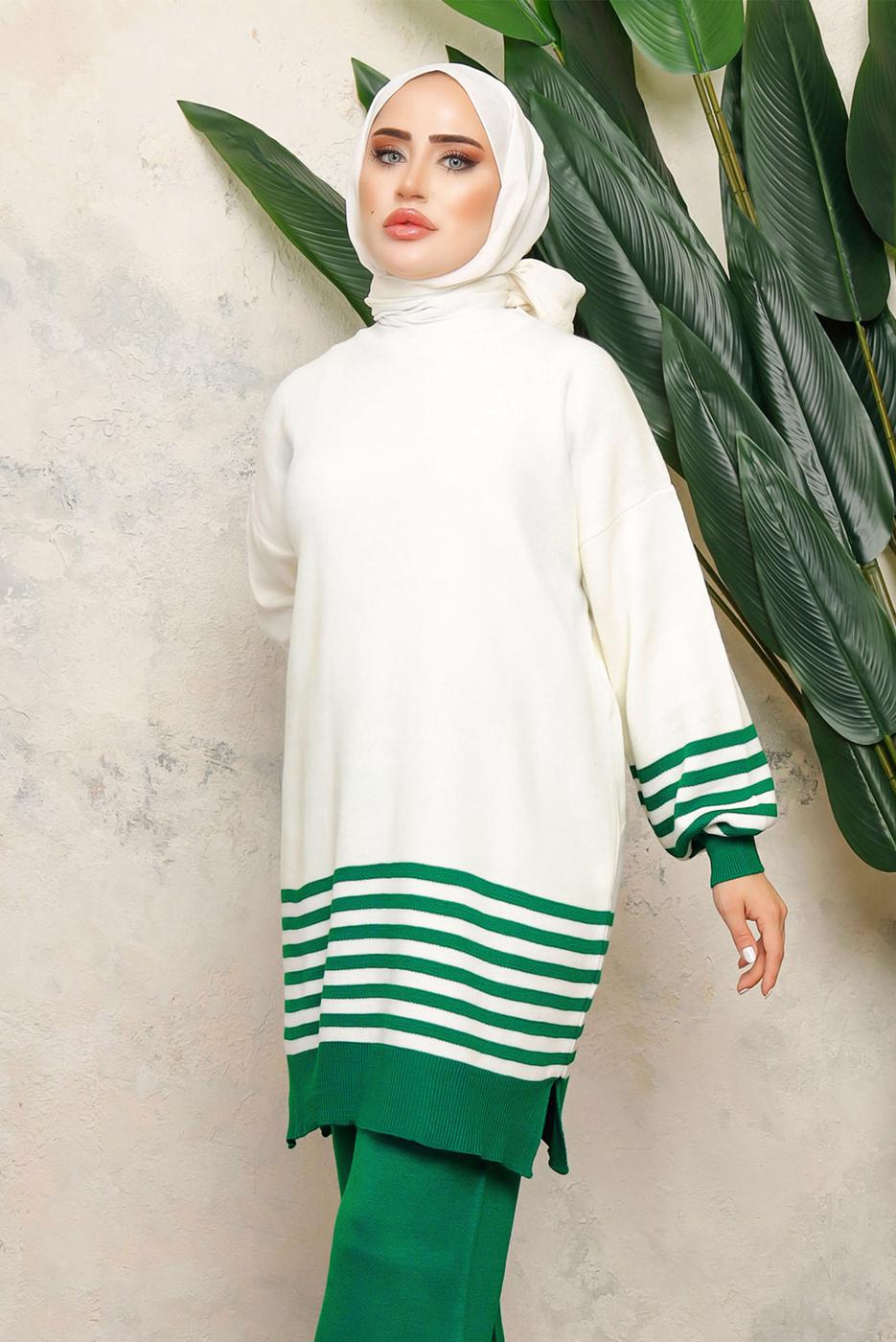 Tesettür giyim YEŞİL DİK YAKA ÇİZGİLİ TUNİK T 6308-1