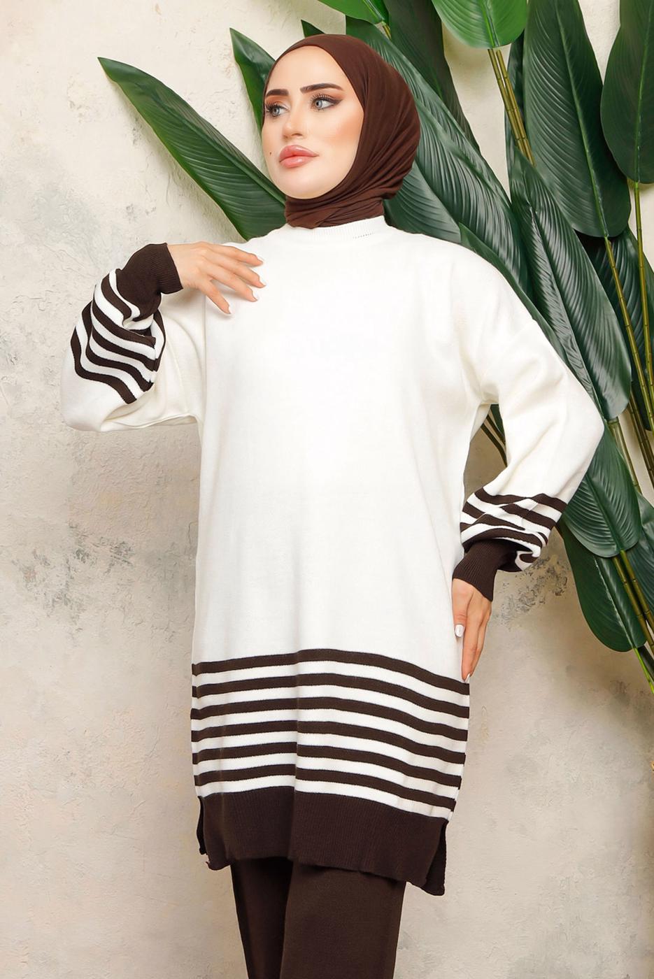 Tesettür giyim KAHVE DİK YAKA ÇİZGİLİ TUNİK T 6308-1