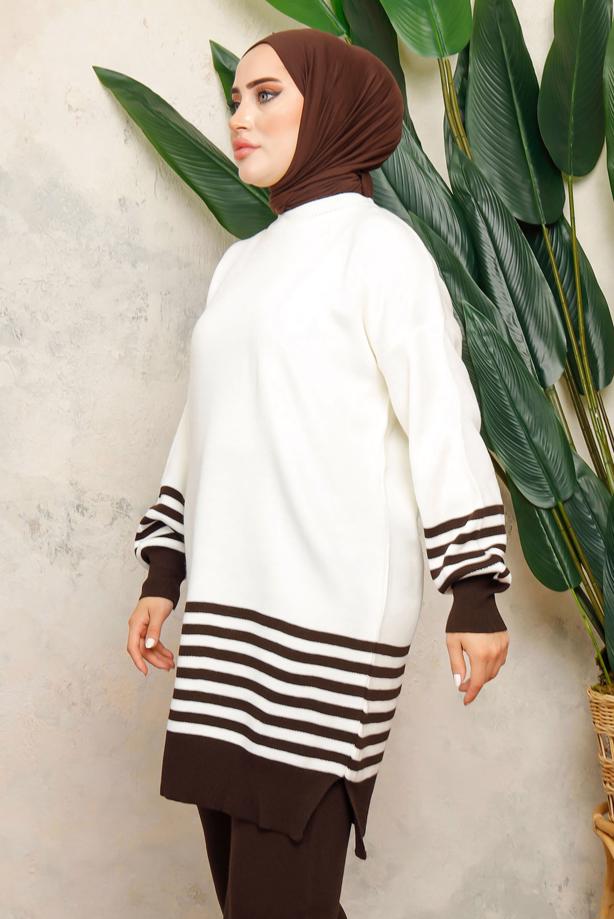 Tesettür giyim KAHVE DİK YAKA ÇİZGİLİ TUNİK T 6308-1 - TRENDTESETTÜR