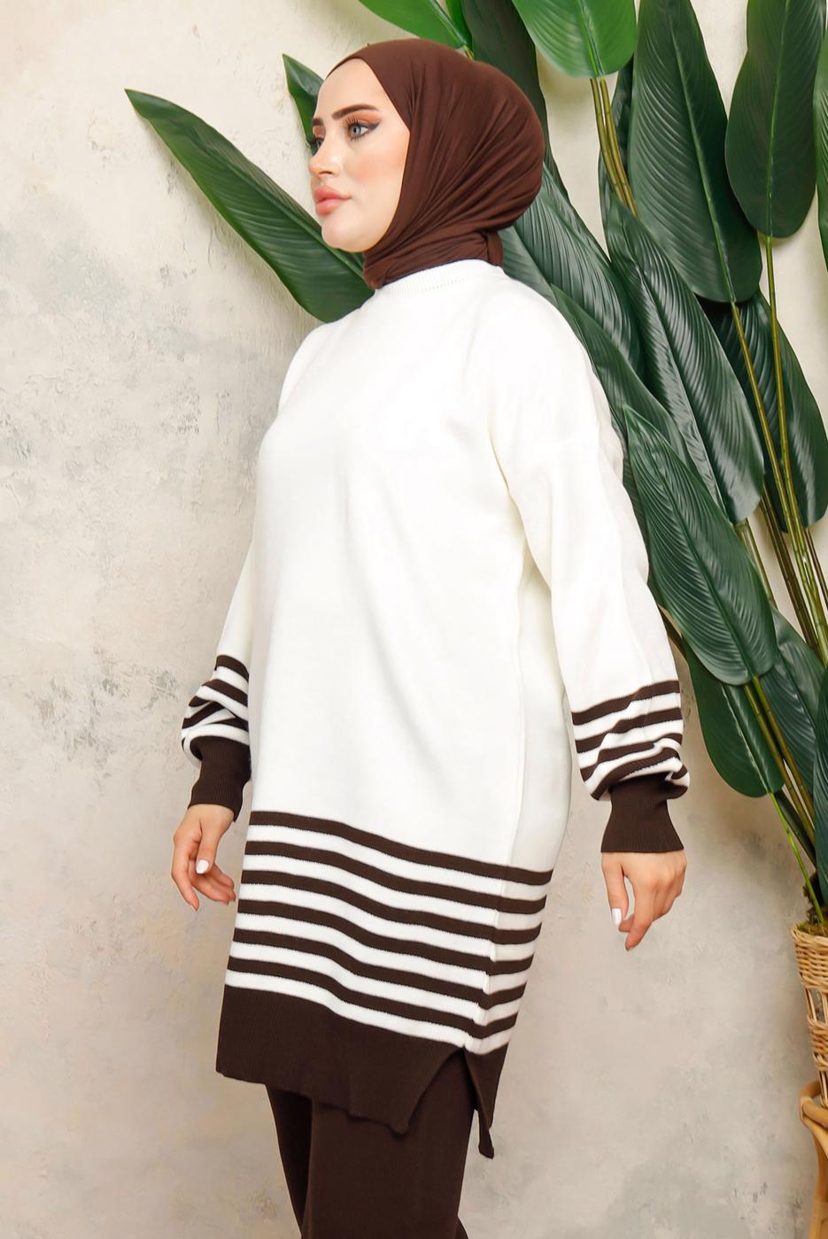 Tesettür giyim KAHVE DİK YAKA ÇİZGİLİ TUNİK T 6308-1