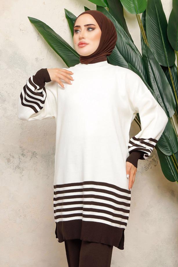 Tesettür giyim KAHVE DİK YAKA ÇİZGİLİ TUNİK T 6308-1 - TRENDTESETTÜR