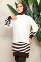 Tesettür giyim KAHVE DİK YAKA ÇİZGİLİ TUNİK T 6308-1