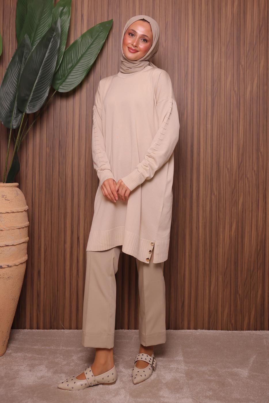 Tesettür giyim EKRU TRİKO TUNİK T 8007