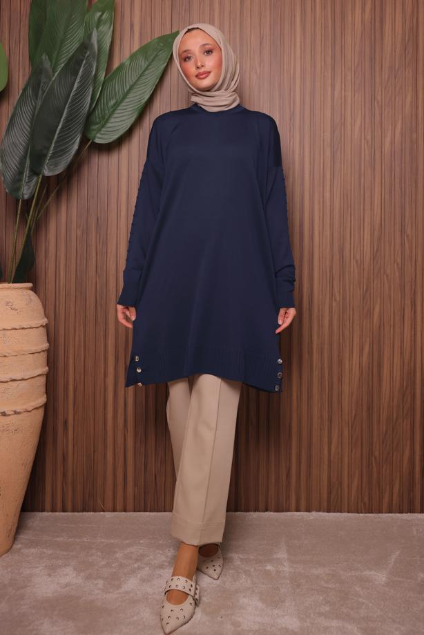 Vêtements hijab BLEU MARINE TUNIQUE EN MAILLE T 8007 - TRENDTESETTÜR