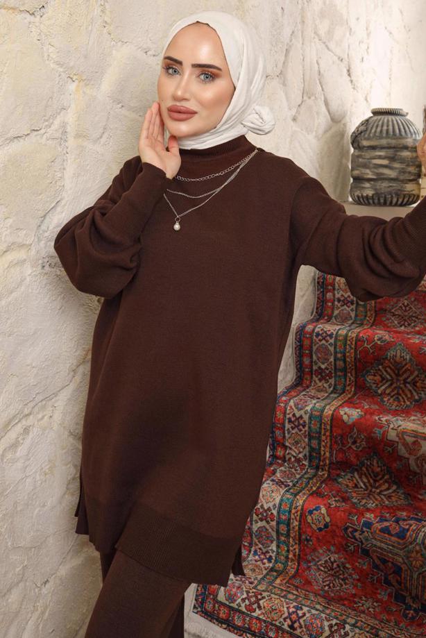 Tesettür giyim KAHVE T 8058-1 NSS TRİKO TUNİK - TRENDTESETTÜR