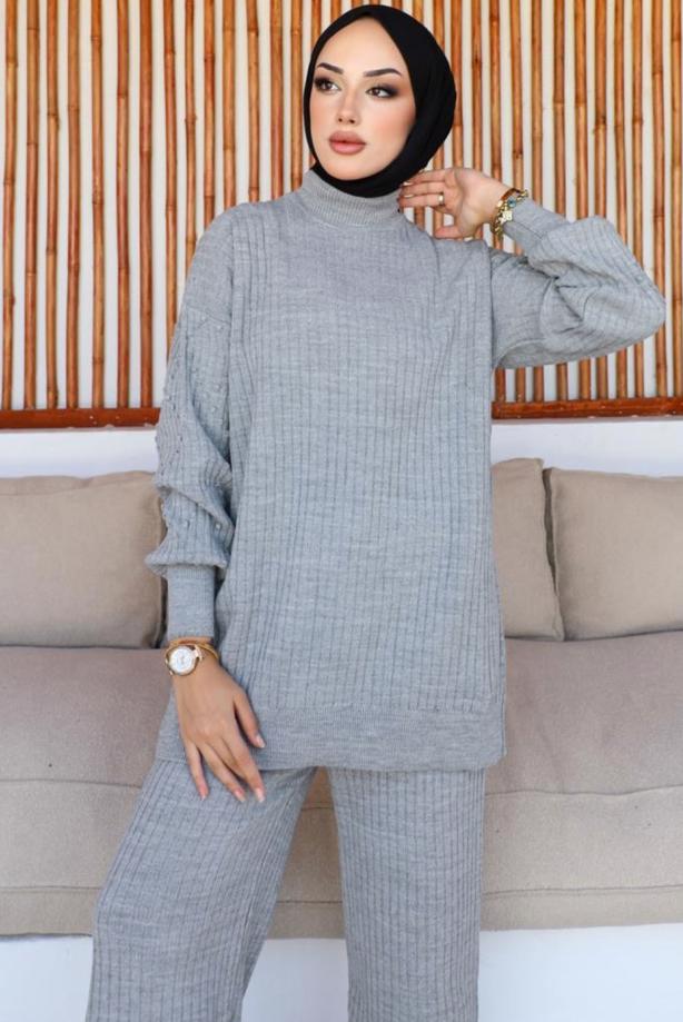 Tesettür giyim GRİ TRİKO TUNİK T 8116-1 - TRENDTESETTÜR