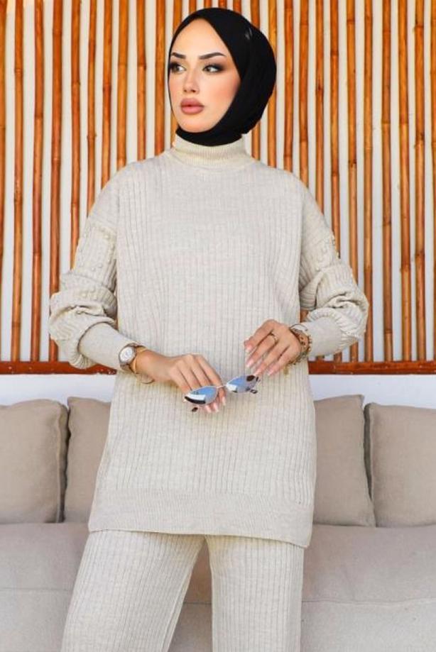 Tesettür giyim BEJ TRİKO TUNİK T 8116-1 - TRENDTESETTÜR