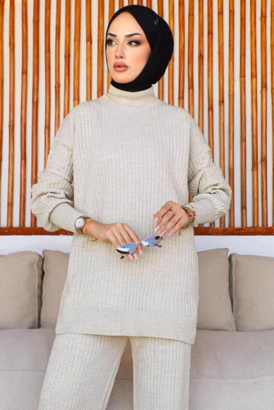 Tesettür giyim BEJ TRİKO TUNİK T 8116-1