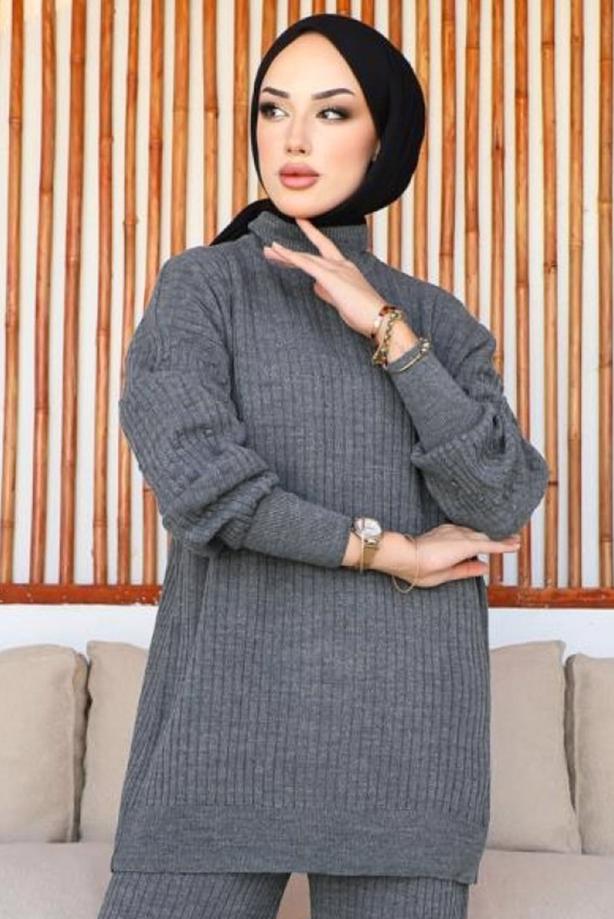 Tesettür giyim GRİ TRİKO TUNİK T 8116-1 - TRENDTESETTÜR