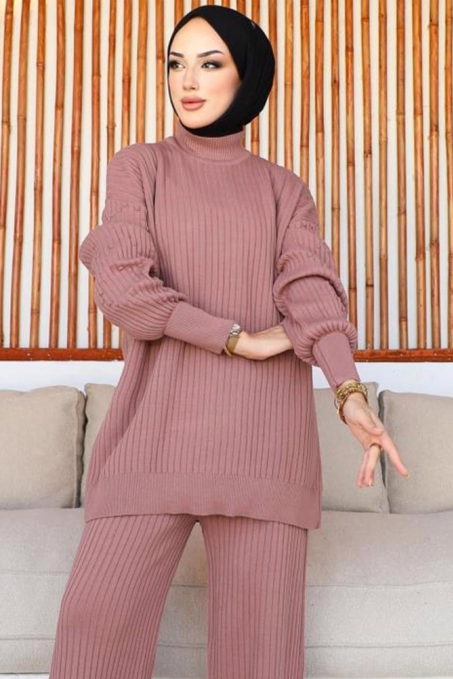 Tesettür giyim PEMBE TRİKO TUNİK T 8116-1