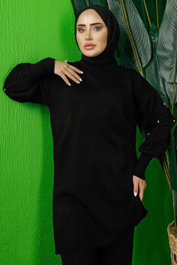 Tesettür giyim SİYAH BONCUK İŞLEMELİ TRİKO TUNİK T 8408-1 - TRENDTESETTÜR