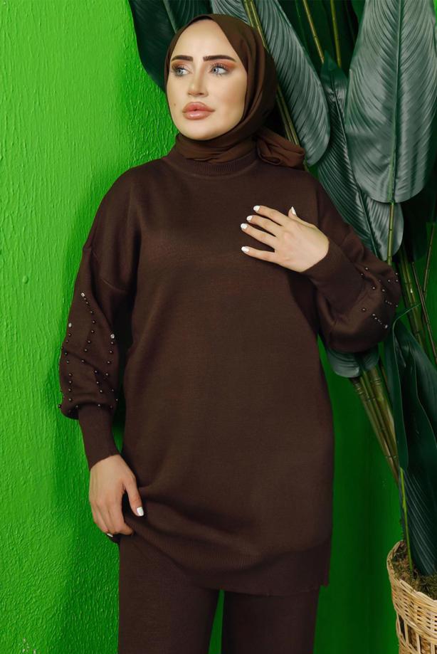 Tesettür giyim KAHVE BONCUK İŞLEMELİ TRİKO TUNİK T 8408-1 - TRENDTESETTÜR