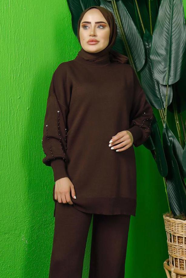 Tesettür giyim KAHVE BONCUK İŞLEMELİ TRİKO TUNİK T 8408-1 - TRENDTESETTÜR