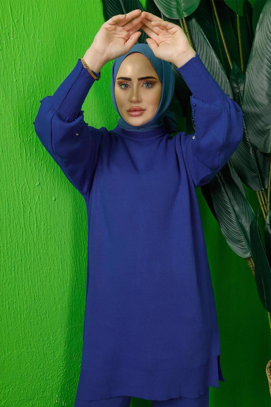 Tesettür giyim LACİVERT BONCUK İŞLEMELİ TRİKO TUNİK T 8408-1