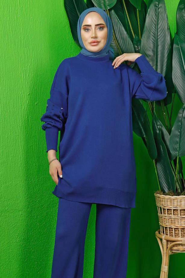 Tesettür giyim LACİVERT BONCUK İŞLEMELİ TRİKO TUNİK T 8408-1 - TRENDTESETTÜR