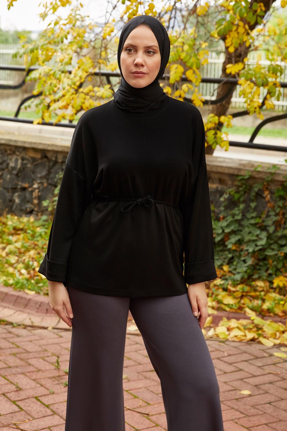 Tesettür giyim SİYAH BELDEN BAĞCIKLI TUNİK T 84112