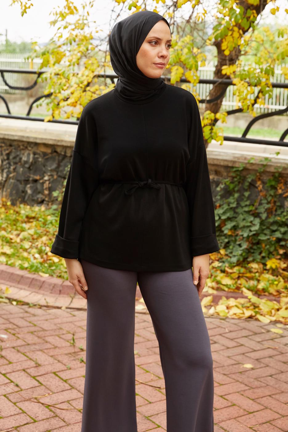Tesettür giyim SİYAH BELDEN BAĞCIKLI TUNİK T 84112