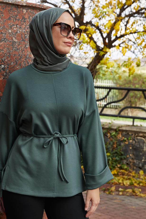 Tesettür giyim YEŞİL BELDEN BAĞCIKLI TUNİK T 84112 - TRENDTESETTÜR