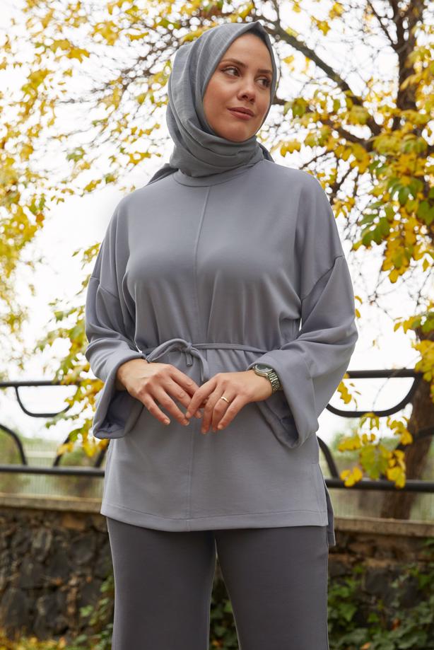 Tesettür giyim GRİ BELDEN BAĞCIKLI TUNİK T 84112 - TRENDTESETTÜR