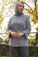 Tesettür giyim GRİ BELDEN BAĞCIKLI TUNİK T 84112
