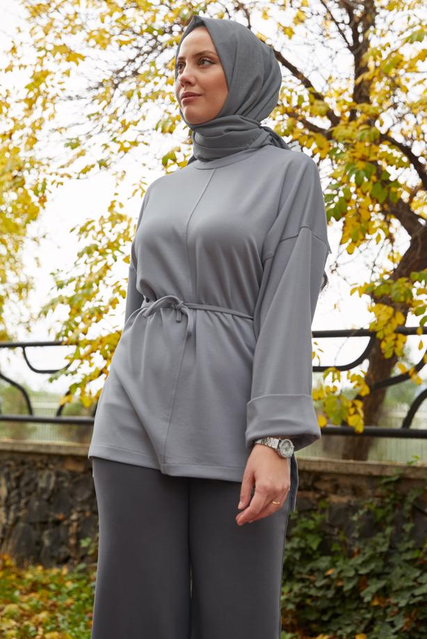 Tesettür giyim GRİ BELDEN BAĞCIKLI TUNİK T 84112 - TRENDTESETTÜR