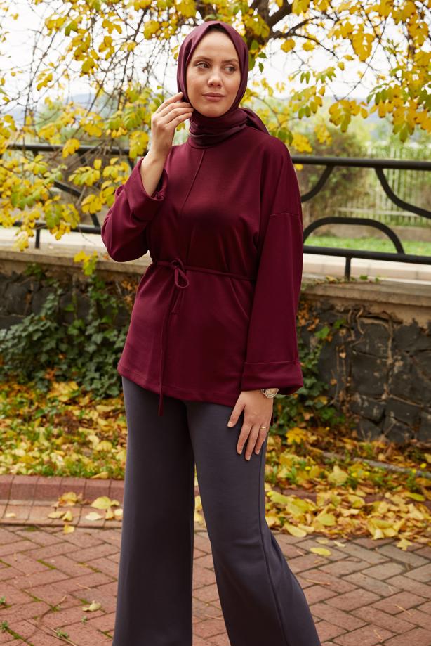 Tesettür giyim BORDO BELDEN BAĞCIKLI TUNİK T 84112 - TRENDTESETTÜR