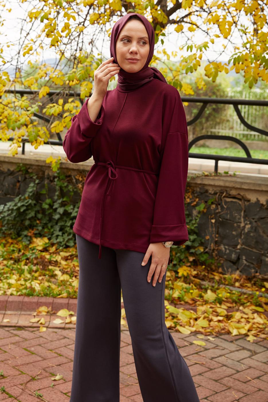 Tesettür giyim BORDO BELDEN BAĞCIKLI TUNİK T 84112
