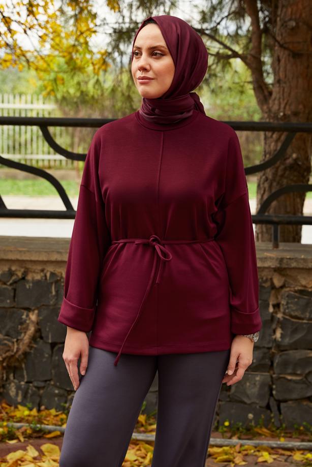 Tesettür giyim BORDO BELDEN BAĞCIKLI TUNİK T 84112 - TRENDTESETTÜR