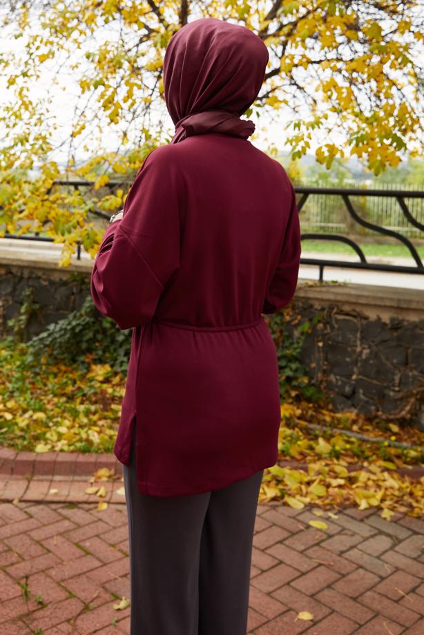 Tesettür giyim BORDO BELDEN BAĞCIKLI TUNİK T 84112 - TRENDTESETTÜR
