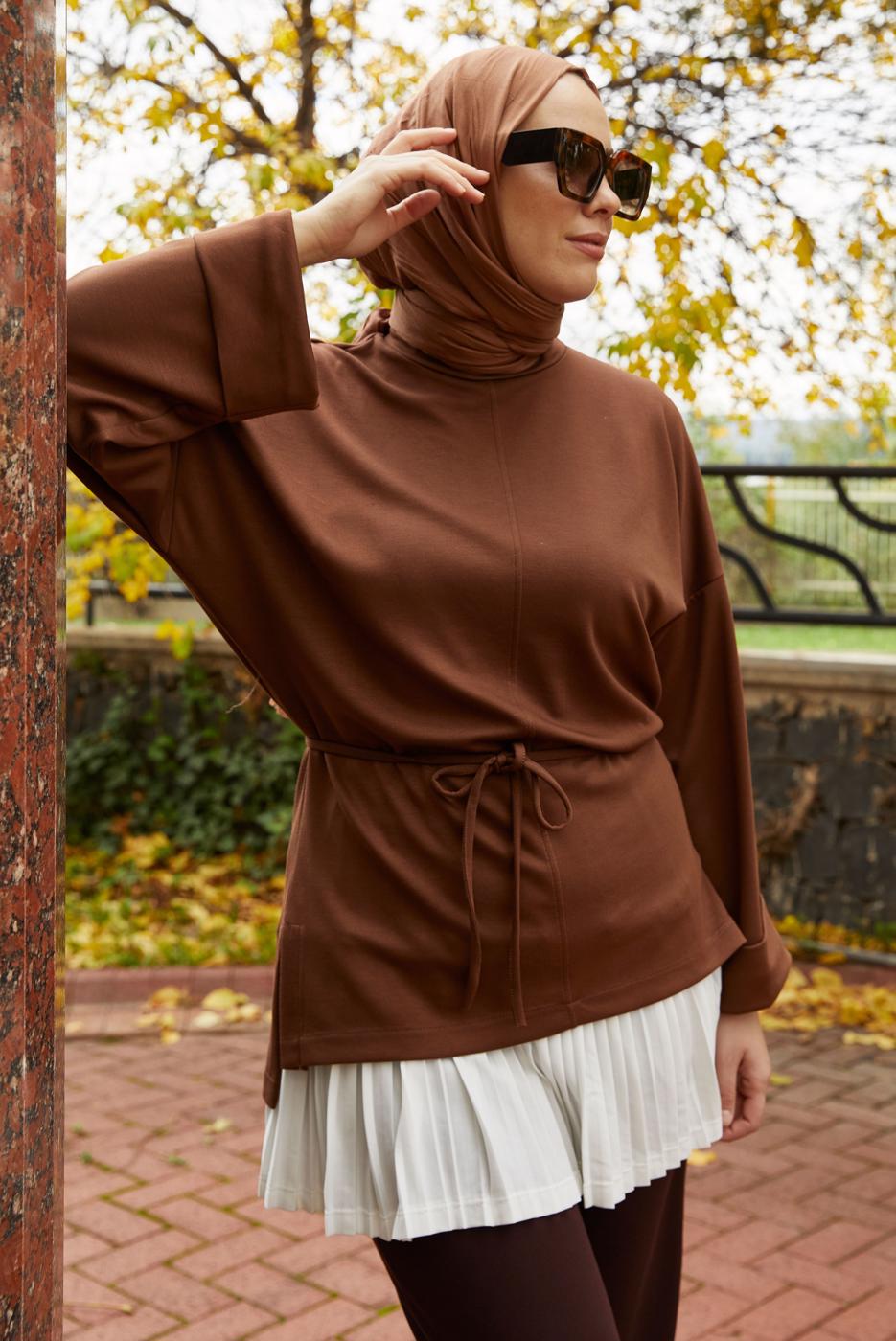 Tesettür giyim KAHVE BELDEN BAĞCIKLI TUNİK T 84112