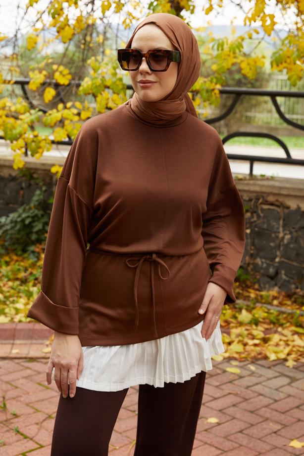 Tesettür giyim KAHVE BELDEN BAĞCIKLI TUNİK T 84112 - TRENDTESETTÜR