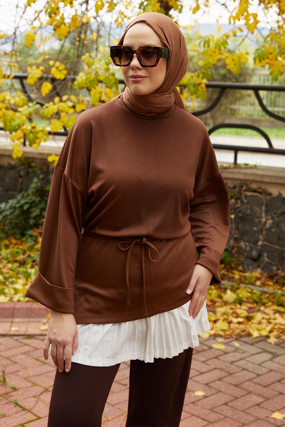 Tesettür giyim KAHVE BELDEN BAĞCIKLI TUNİK T 84112