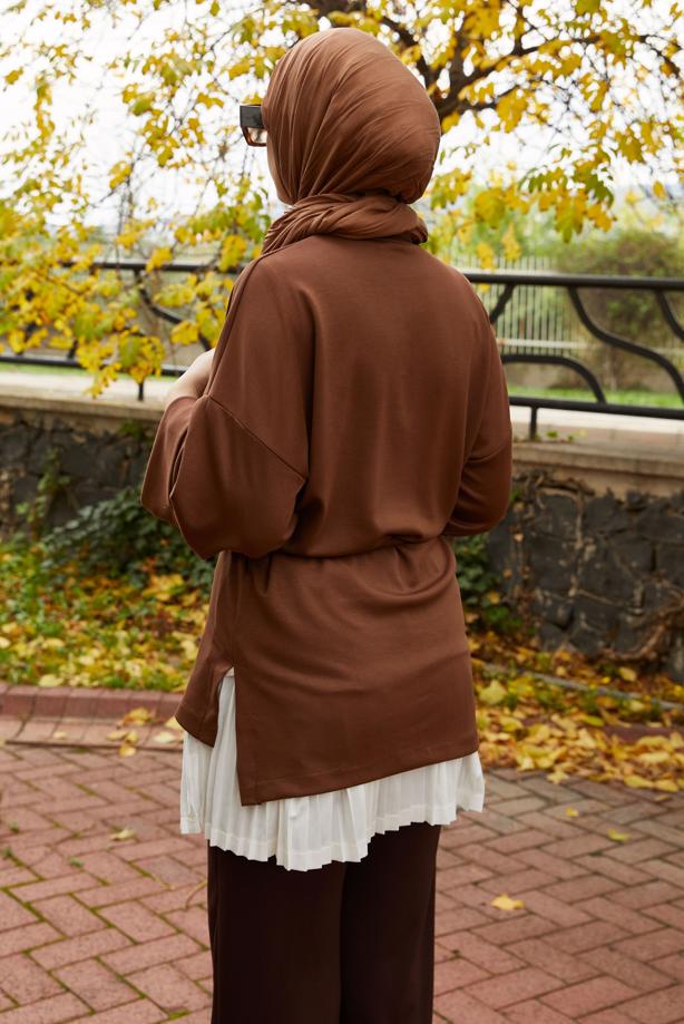 Tesettür giyim KAHVE BELDEN BAĞCIKLI TUNİK T 84112 - TRENDTESETTÜR