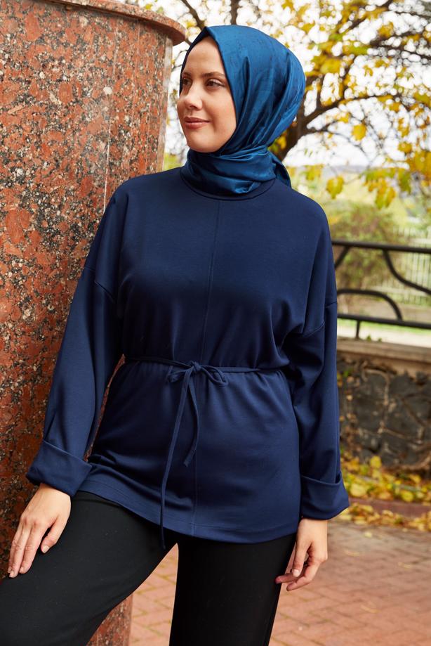 Tesettür giyim LACİVERT BELDEN BAĞCIKLI TUNİK T 84112 - TRENDTESETTÜR