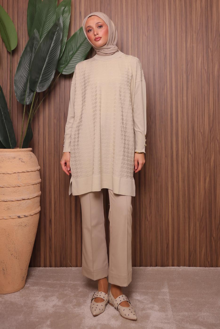 Tesettür giyim EKRU TRİKO TUNİK T 9007