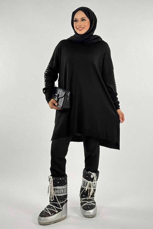 Tesettür giyim SİYAH İNCİ DETAYLI TUNİK T 90381 - TRENDTESETTÜR