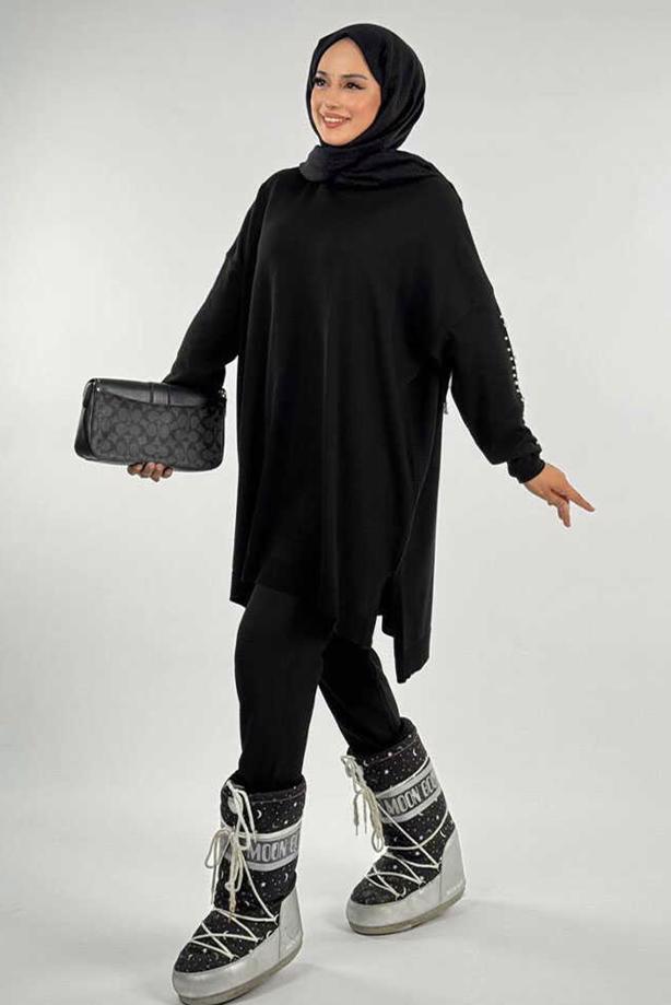 Tesettür giyim SİYAH İNCİ DETAYLI TUNİK T 90381 - TRENDTESETTÜR