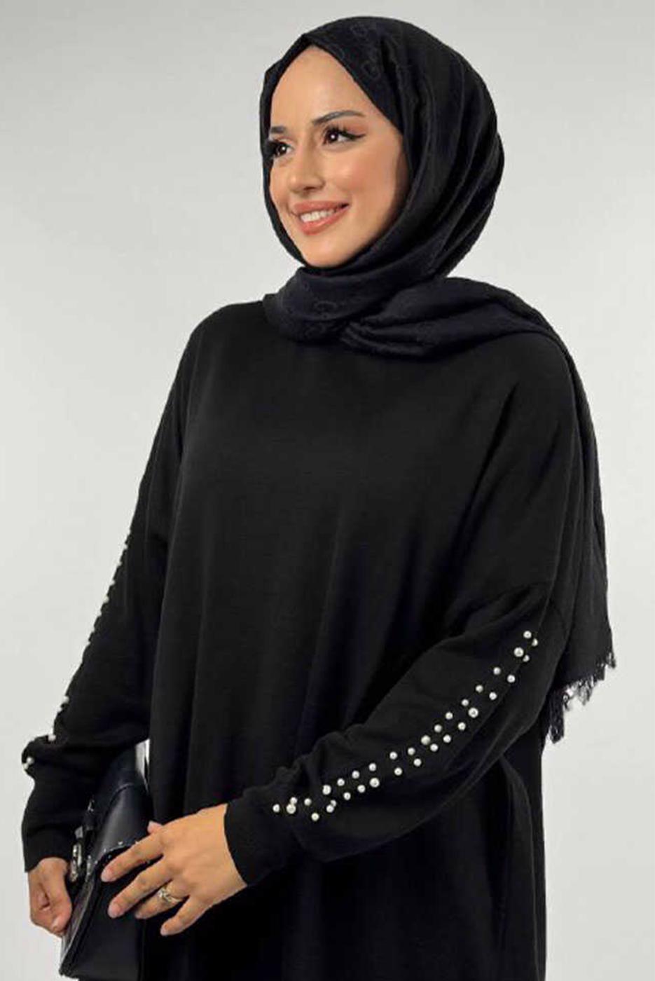 Tesettür giyim SİYAH İNCİ DETAYLI TUNİK T 90381