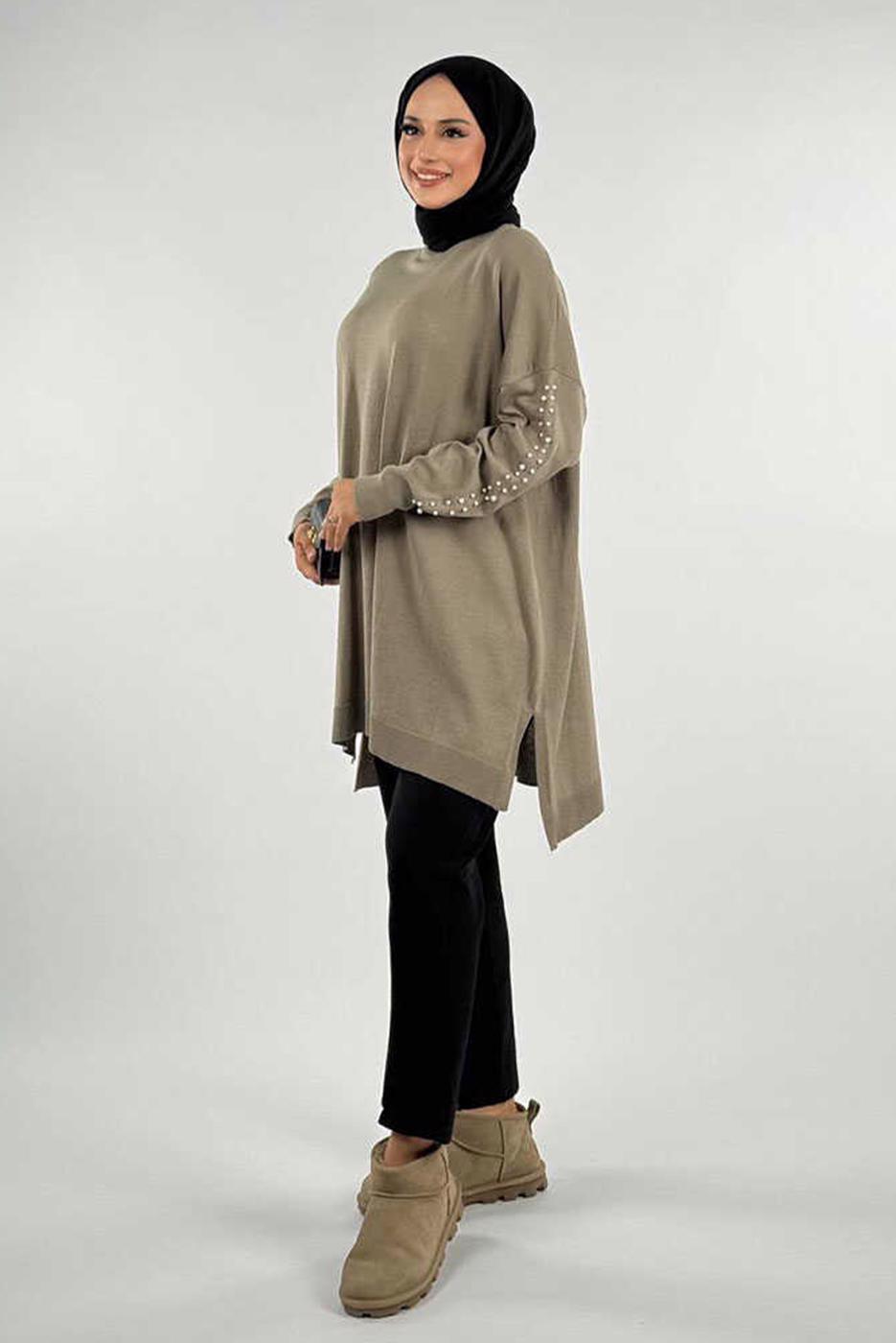 Tesettür giyim VİZON İNCİ DETAYLI TUNİK T 90381