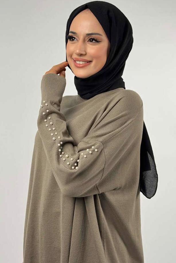 Tesettür giyim VİZON İNCİ DETAYLI TUNİK T 90381 - TRENDTESETTÜR