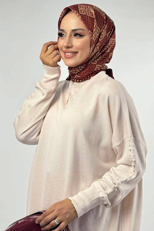 Tesettür giyim BEJ İNCİ DETAYLI TUNİK T 90381 - TRENDTESETTÜR