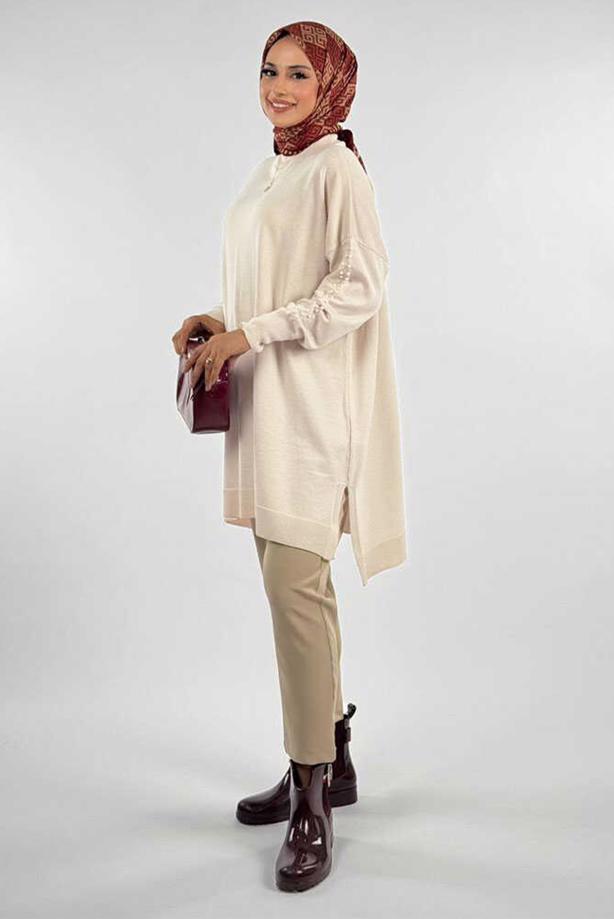 Tesettür giyim BEJ İNCİ DETAYLI TUNİK T 90381 - TRENDTESETTÜR