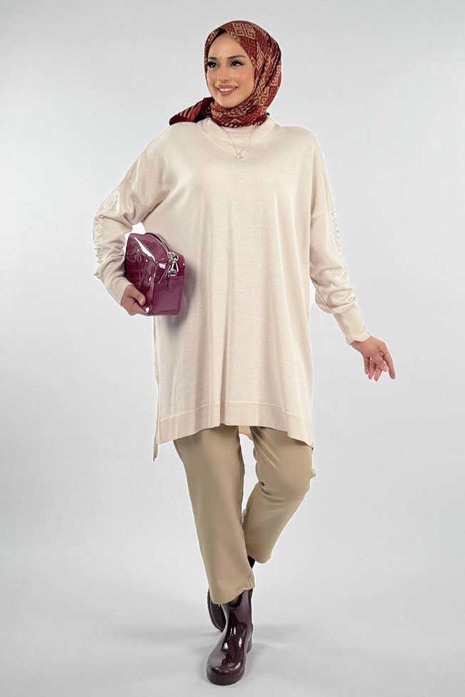 Tesettür giyim BEJ İNCİ DETAYLI TUNİK T 90381