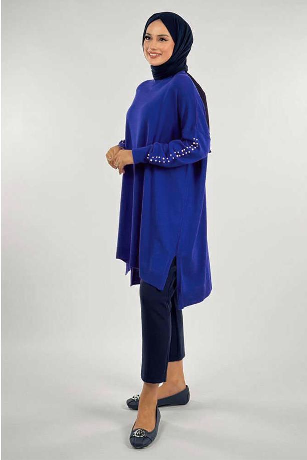 Tesettür giyim LACİVERT İNCİ DETAYLI TUNİK T 90381 - TRENDTESETTÜR