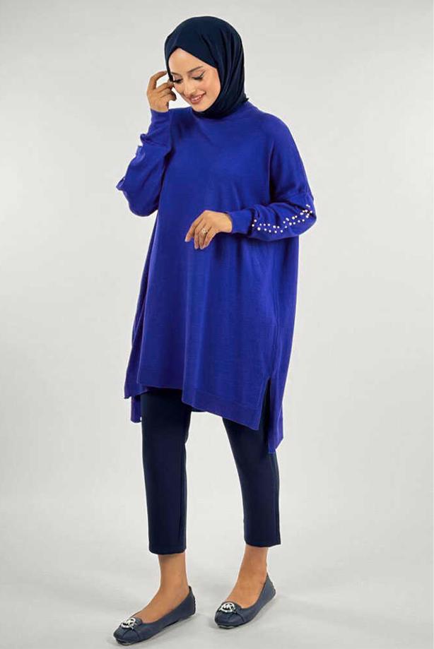 Tesettür giyim LACİVERT İNCİ DETAYLI TUNİK T 90381 - TRENDTESETTÜR