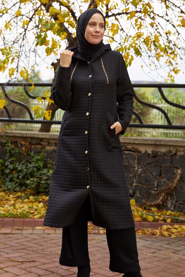 Tesettür giyim SİYAH KAPÜŞONLU KAP T 0009 - TRENDTESETTÜR