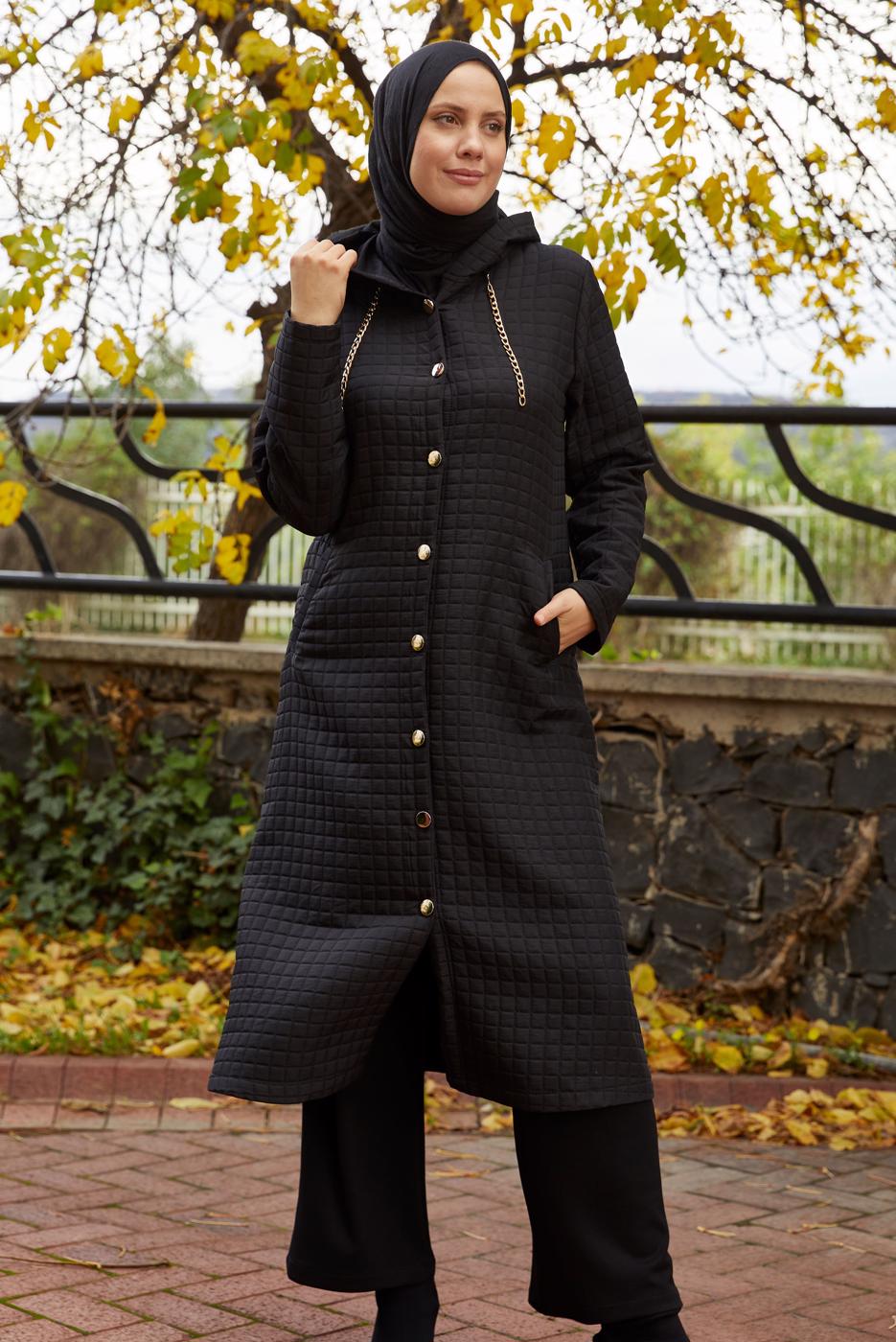Tesettür giyim SİYAH KAPÜŞONLU KAP T 0009