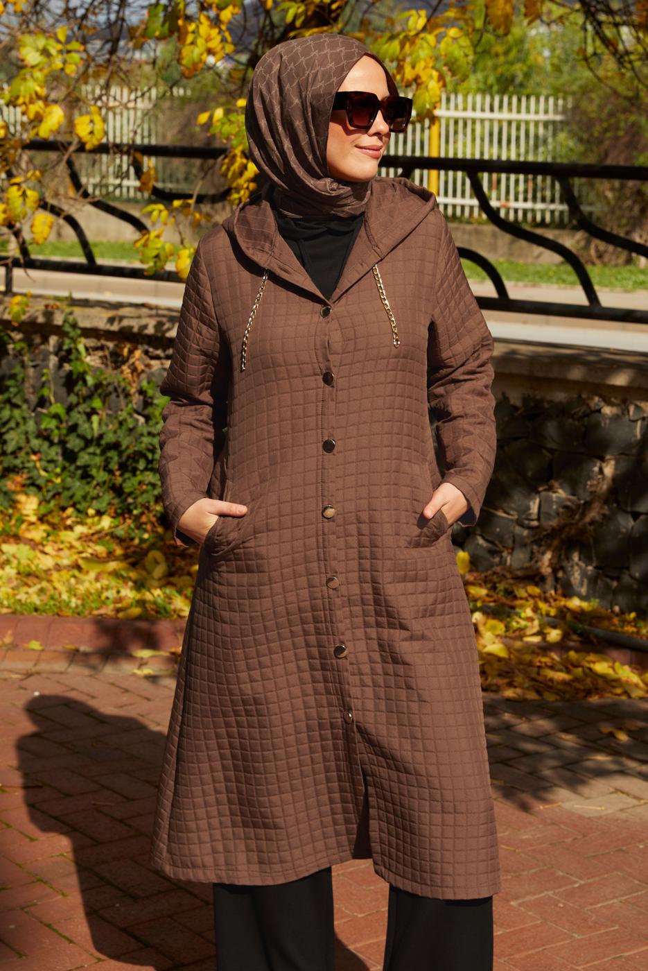 Tesettür giyim KAHVE KAPÜŞONLU KAP T 0009